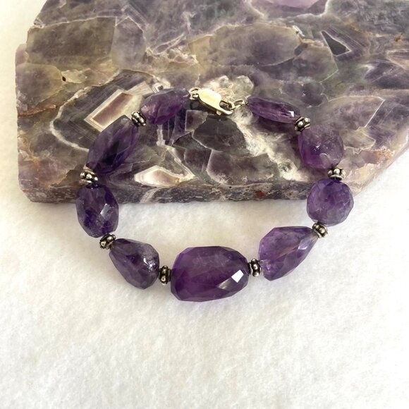 Sterling Silver 925 Faceted Amethyst Chunk Beaded Bracelet 8" Fits 6.75" Wrist - Picture 6 of 16